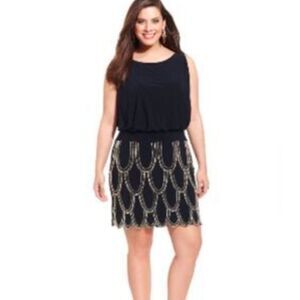 Betsy & Adam Navy Black rimestone Dropped Waist Cocktail formal party Dress sz L